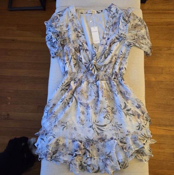 NWT Aura Blue Floral Tie Front Mini Ruffle Dress - Size Medium Short Sleeve - Picture 7 of 10